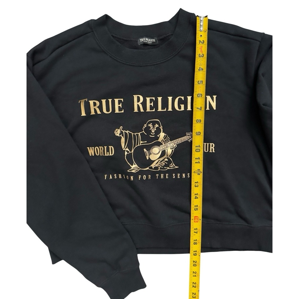 True Religion Black Gold Buddha Logo Crop Style Pullover Sweatshirt Sweater READ - Picture 3 of 6